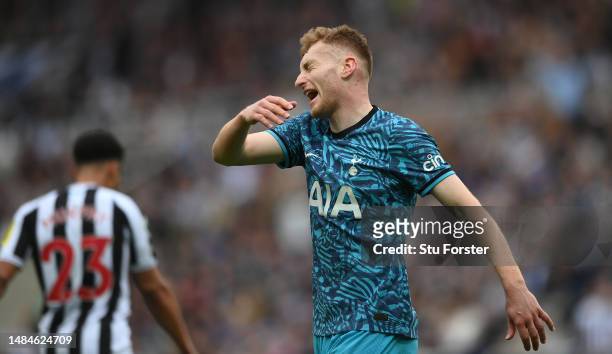 Spurs player Dejan Kulusevski reacts dejectedly during the Premier League match between Newcastle United and Tottenham Hotspur at St. James Park on...