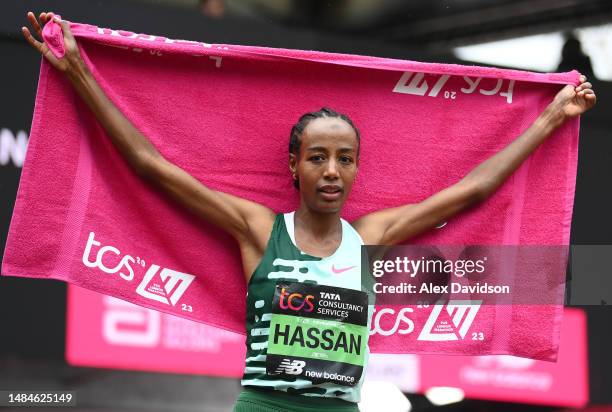 Sifan Hassan of Netherlands celebrates after winning the Elite Woman's Marathon during the 2023 TCS London Marathon on April 23, 2023 in London,...