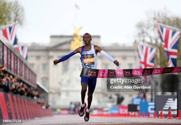 Kelvin Kiptum of Kenya crosses the finish line to win the Elite Men's Marathon during the 2023 TCS London Marathon on April 23, 2023 in London,...