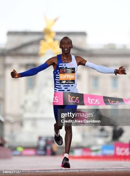 Kelvin Kiptum of Kenya crosses the finish line to win the Elite Men's Marathon during the 2023 TCS London Marathon on April 23, 2023 in London,...