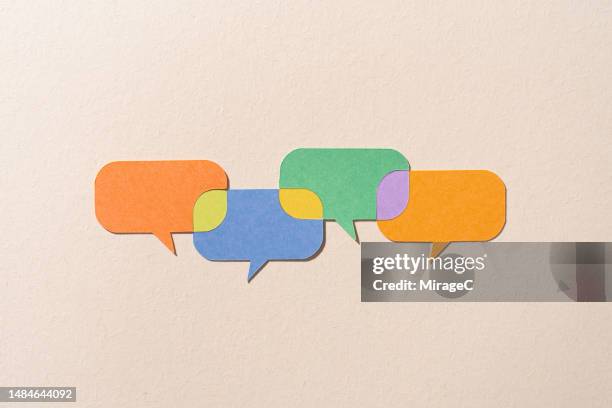 speech bubbles connected with shared options, paper craft - speech bubbles stock pictures, royalty-free photos & images
