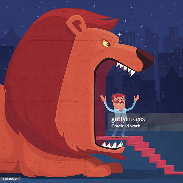 man and lion - flashlight night stock illustrations