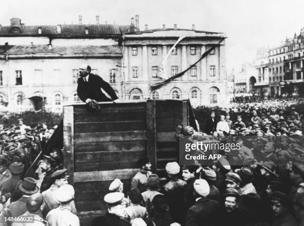 Vladimir Lenin addresses the people and his comrades in arms from a platform, on May 05, 1920 in Moscow. In the original picture, on the left of the...