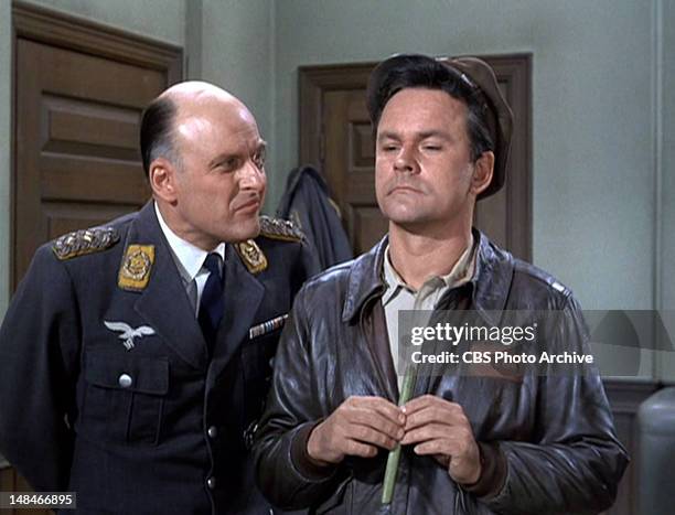 Werner Klemperer as Col. Wilhelm Klink and Bob Crane as Col. Robert E. Hogan in the HOGAN'S HEROES episode, "Colonel Klink's Secret Weapon." Original...