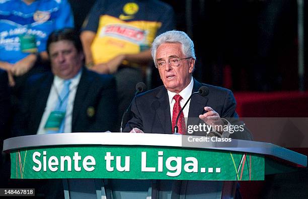 President of Mexican Soccer Federation, Justino Compean, speaks at the launch event of the New League MX and MX Ascent League of Mexican soccer, on...