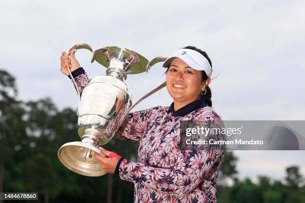 Lilia Vu of the United States celebrates with the trophy after winning in a one-hole playoff during the final round of The Chevron Championship at...