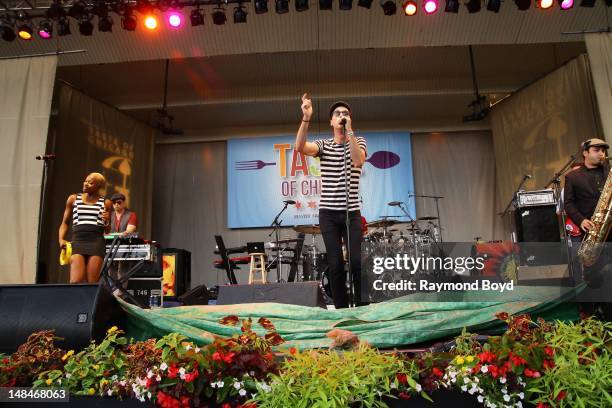 Noelle Scaggs, Jeremy Ruzumna, Michael Fitzpatrick, Joseph Karnes and James King of Fitz & The Tantrums, performs on the Petrillo Music Shell during...