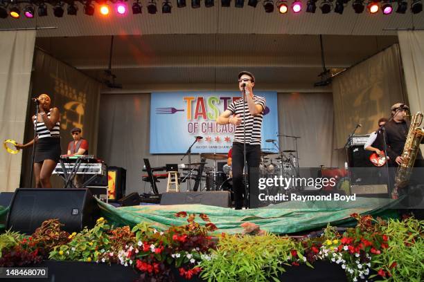 Noelle Scaggs, Jeremy Ruzumna, Michael Fitzpatrick, Joseph Karnes and James King of Fitz & The Tantrums, performs on the Petrillo Music Shell during...