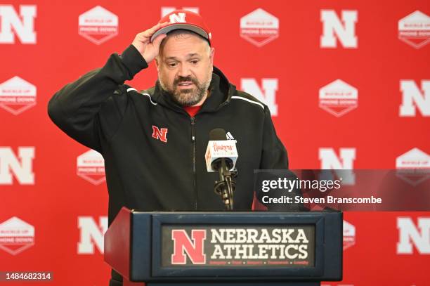 Head coach Matt Rhule of Nebraska Cornhuskers answers questions at the press conference following the game at Memorial Stadium on April 22, 2023 in...