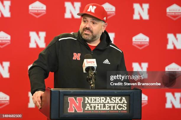 Head coach Matt Rhule of Nebraska Cornhuskers answers questions at the press conference following the game at Memorial Stadium on April 22, 2023 in...