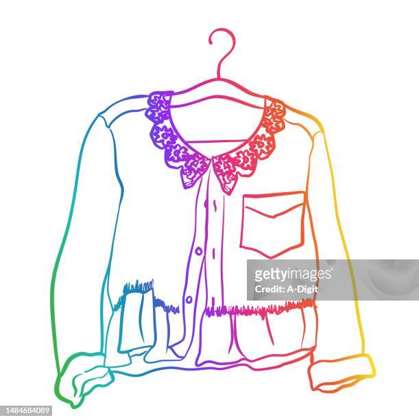 illustrazioni stock, clip art, cartoni animati e icone di tendenza di blusa vintage con dettaglio in pizzo arcobaleno - mercatino dell'usato