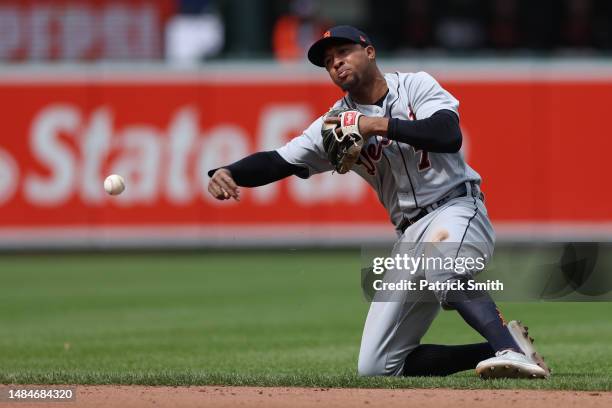 Jonathan Schoop of the Detroit Tigers fields against the Baltimore Orioles at Oriole Park at Camden Yards on April 23, 2023 in Baltimore, Maryland.