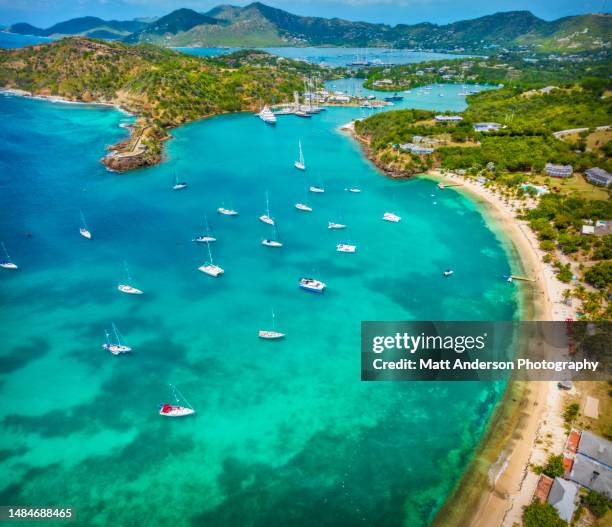 high angle view of west indies, antigua and barbuda, antigua, english harbour , windward bay, nelson's dockyard - porto inglês imagens e fotografias de stock