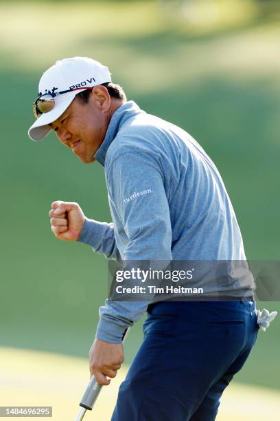 Charlie Wi of South Korea reacts after making a putt on the 18th hole during the final round of the Invited Celebrity Classic at Las Colinas Country...