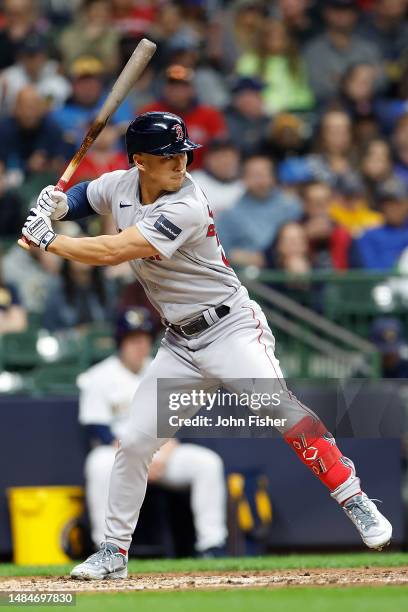 Rob Refsnyder of the Boston Red Sox up to bat during the game against the Milwaukee Brewers at American Family Field on April 22, 2023 in Milwaukee,...