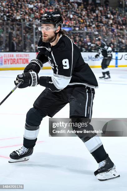 Adrian Kempe of the Los Angeles Kings skates with the puck during the first period against the Edmonton Oilers in Game Four of the First Round of the...