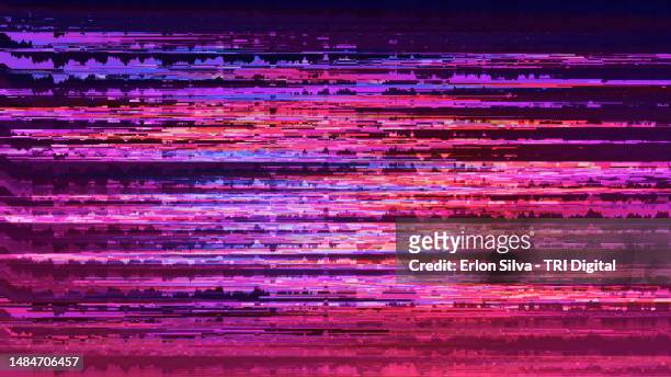 abstract background with digital glitch effect in purple tones - computer failure stock pictures, royalty-free photos & images
