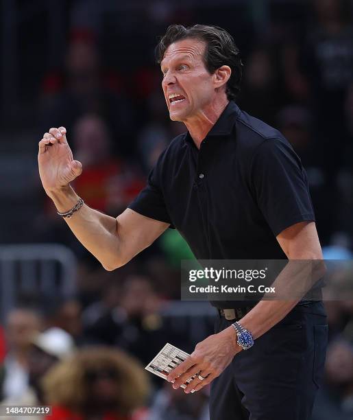 Head coach Quin Snyder of the Atlanta Hawks reacts against the Boston Celtics during the first quarter of Game Four of the Eastern Conference First...