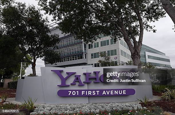 The Yahoo logo is displayed in front of the Yahoo headqarters on July 17, 2012 in Sunnyvale, California. Yahoo will report Q2 earnings one day after...