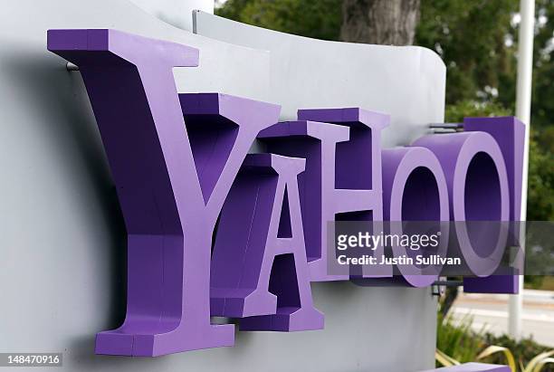 The Yahoo logo is displayed in front of the Yahoo headqarters on July 17, 2012 in Sunnyvale, California. Yahoo will report Q2 earnings one day after...
