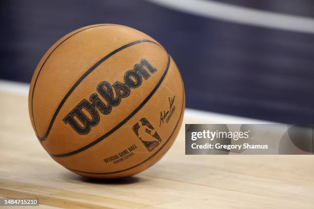 View of the game ball on the court during the fourth quarter between the Denver Nuggets and Minnesota Timberwolves at Target Center on April 23, 2023...