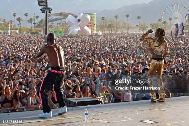 Slim Jxmmi and Swae Lee of Rae Sremmurd perform at the Outdoor Theatre during the 2023 Coachella Valley Music and Arts Festival on April 23, 2023 in...