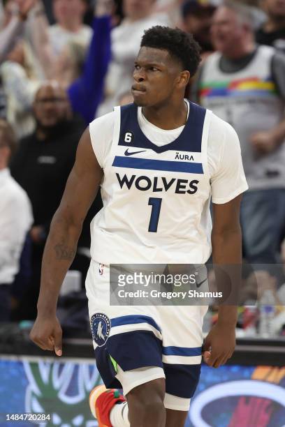 Anthony Edwards of the Minnesota Timberwolves reacts during overtime against the Denver Nuggets at Target Center on April 23, 2023 in Minneapolis,...