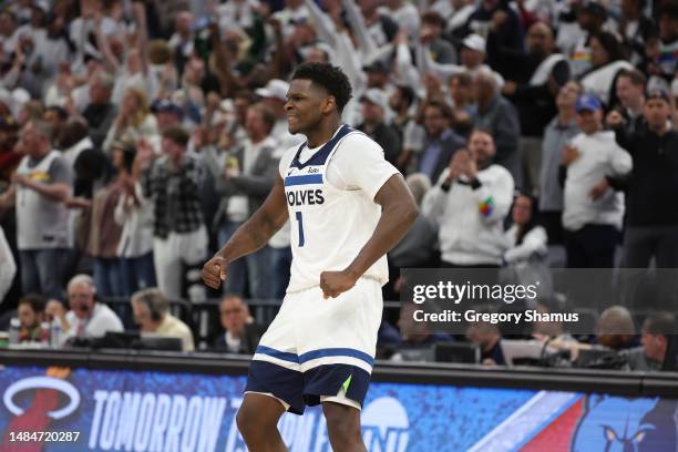 Anthony Edwards of the Minnesota Timberwolves reacts during overtime against the Denver Nuggets at Target Center on April 23, 2023 in Minneapolis,...