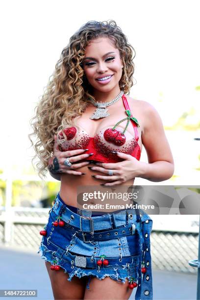 Latto poses backstage during the 2023 Coachella Valley Music and Arts Festival on April 23, 2023 in Indio, California.
