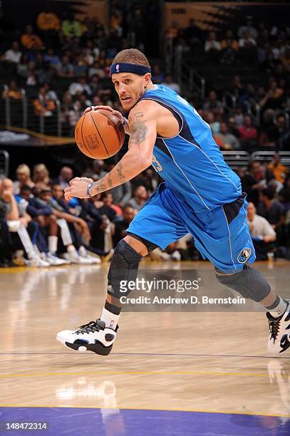 Delonte West of the Dallas Mavericks dribbles the ball against the Los Angeles Lakers on April 15, 2012 in Los Angeles, California. NOTE TO USER:...