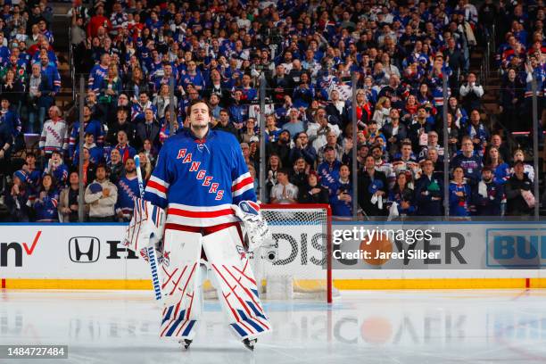 Igor Shesterkin of the New York Rangers looks on prior to the game against the New Jersey Devils in Game Three of the First Round of the 2023 Stanley...