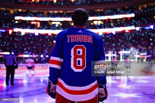 Jacob Trouba of the New York Rangers looks on prior to the game against the New Jersey Devils in Game Three of the First Round of the 2023 Stanley...