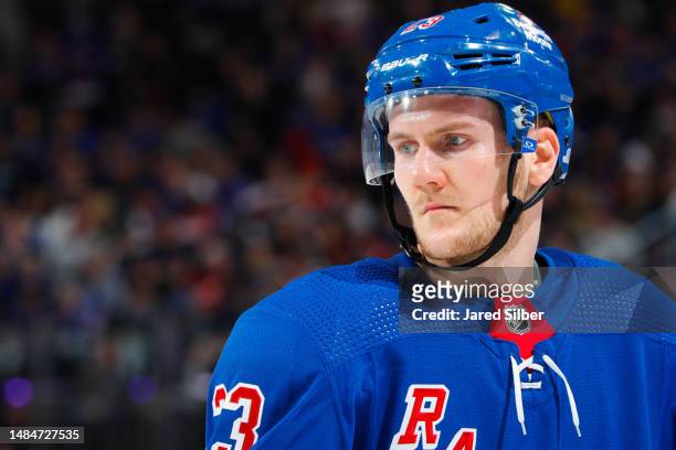 Adam Fox of the New York Rangers skates against the New Jersey Devils in Game Three of the First Round of the 2023 Stanley Cup Playoffs at Madison...