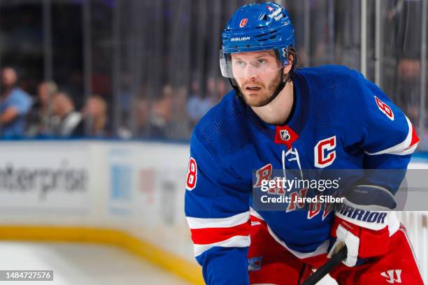 Jacob Trouba of the New York Rangers skates against the New Jersey Devils in Game Three of the First Round of the 2023 Stanley Cup Playoffs at...