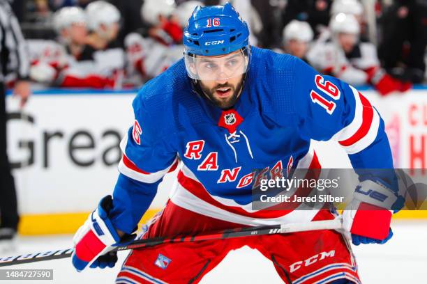 Vincent Trocheck of the New York Rangers skates against the New Jersey Devils in Game Three of the First Round of the 2023 Stanley Cup Playoffs at...