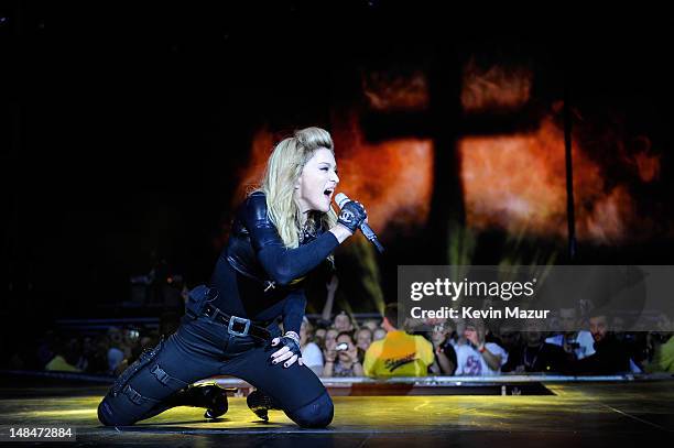 Madonna performs during her MDNA Tour at Hyde Park on July 17, 2012 in London, England.