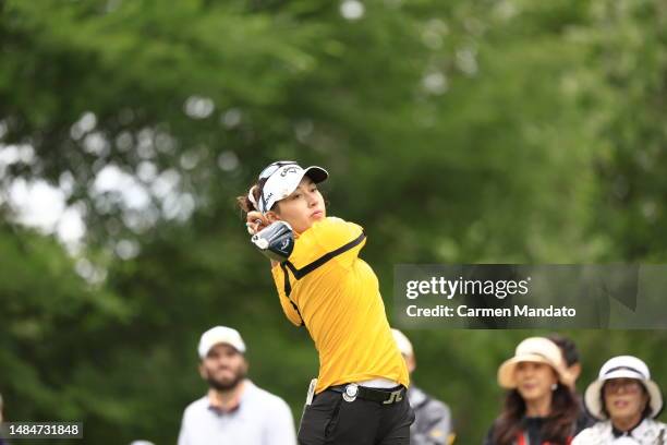 Atthaya Thitikul of Thailand watches her shot on the 12th tee during the final round of The Chevron Championship at The Club at Carlton Woods on...