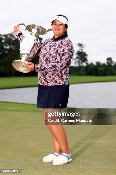 Lilia Vu of the United States celebrates with the trophy after winning in a one-hole playoff during the final round of The Chevron Championship at...