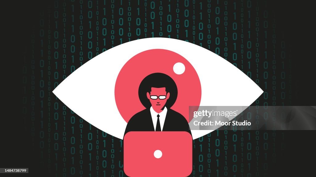 Giant eye watching at man working at the computer illustration
