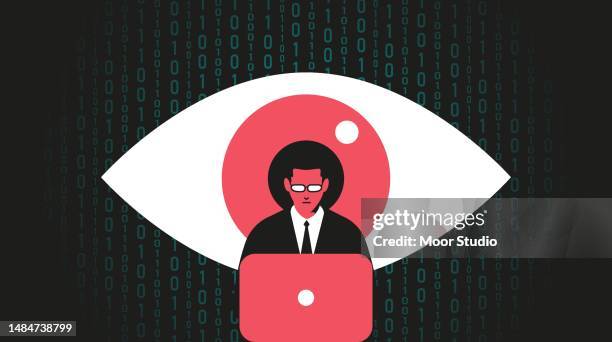 giant eye watching at man working at the computer illustration - computer crime stock illustrations