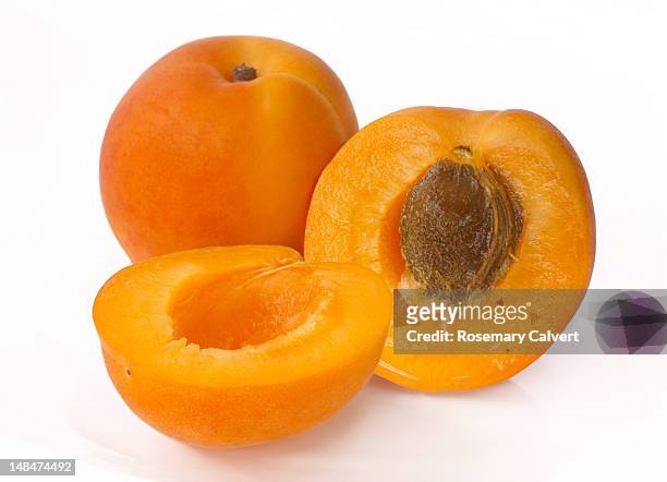 two apricots with one cut in half to reveal stone - aprikose stock-fotos und bilder