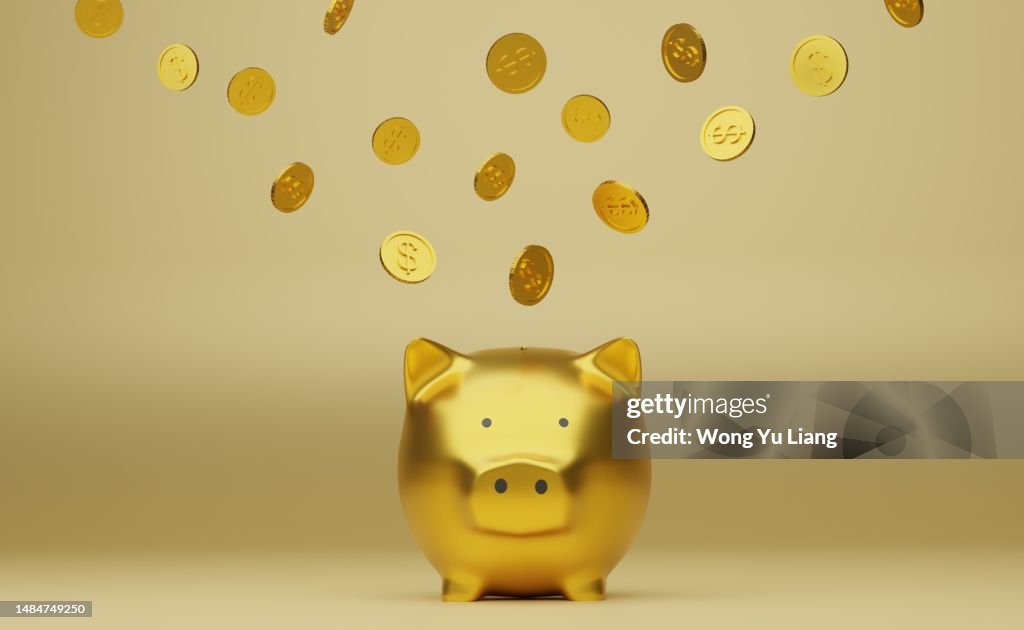Golden piggy bank and golden coins, 3d render