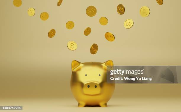 golden piggy bank and golden coins, 3d render - blessing of the animals stock pictures, royalty-free photos & images