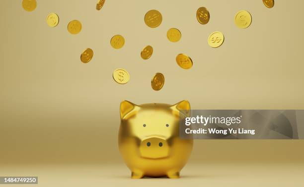 golden piggy bank and golden coins, 3d render - sorte imagens e fotografias de stock