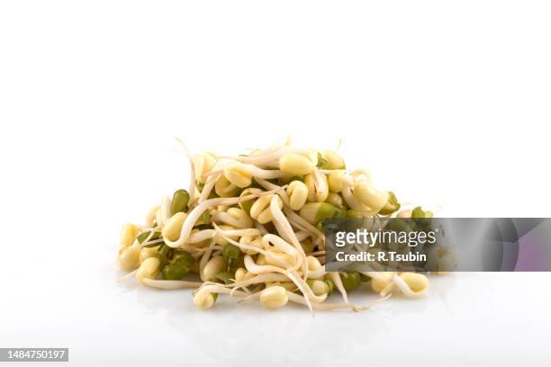 pea seeds with sprouts close up macro shot top view isolated on white background - grass pile white background stock-fotos und bilder