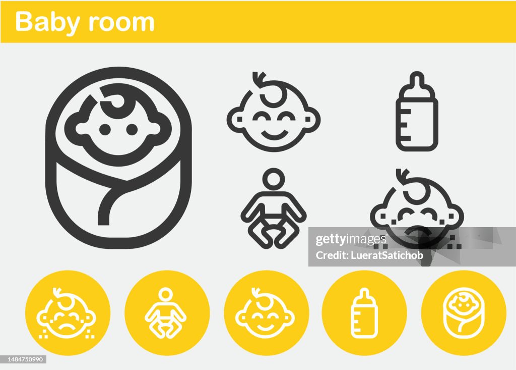 Baby room, Baby care, Babies, Child, Newborn, Nursery, Milk, Cry, Happy, Diaper , Milk Bottle Minimal Line Icons