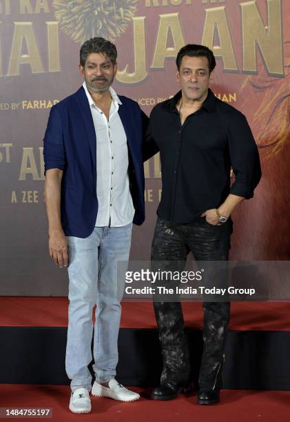 Mumbai, India – April 10: Bollywood actor Salman Khan with actor Jagapathi Babu during the trailer launch of their upcoming film 'Kisi Ka Bhai Kisi...