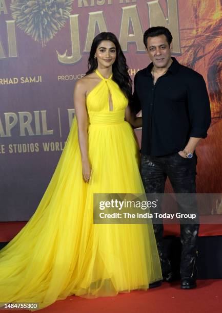 Mumbai, India – April 10: Bollywood actor Salman Khan with actress Pooja Hegde during the trailer launch of their upcoming film 'Kisi Ka Bhai Kisi Ki...