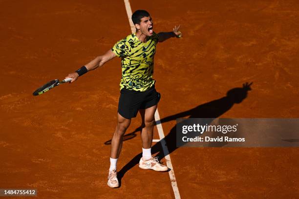 Carlos Alcaraz of Spain celebrates after winning the Men's Singles Final on Day Seven of the Barcelona Open Banc Sabadell 2023 at Real Club De Tenis...