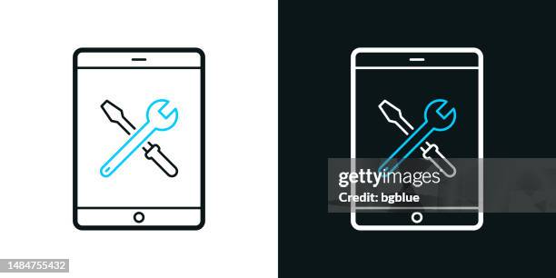 tablet pc settings - tools. bicolor line icon on black or white background - editable stroke - using tablet home stock illustrations